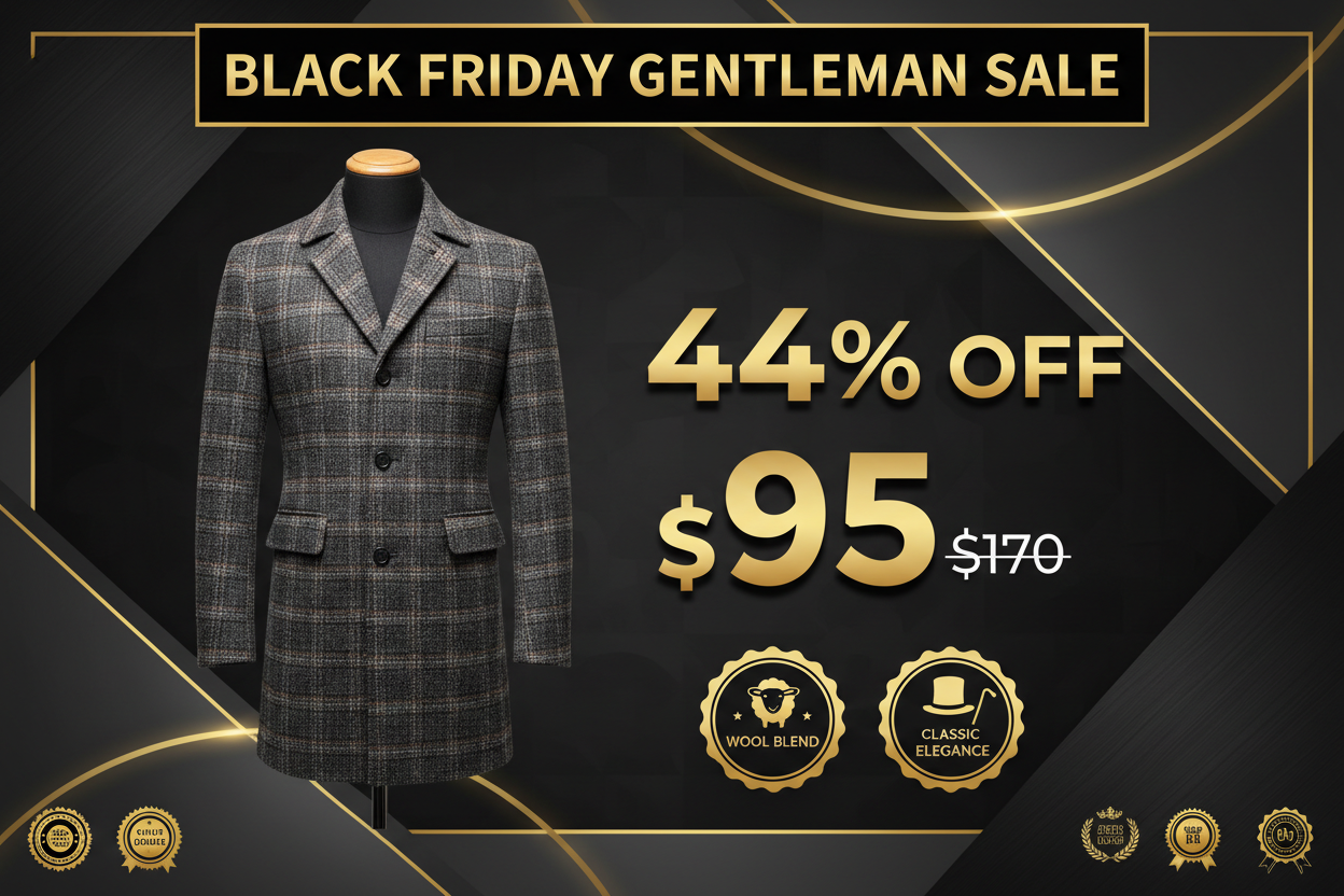 Black Friday promotional banner for men's plaid wool coat