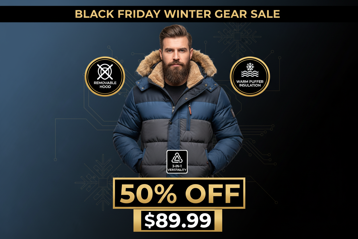 Black Friday promotional banner for men's two tone puffer jacket