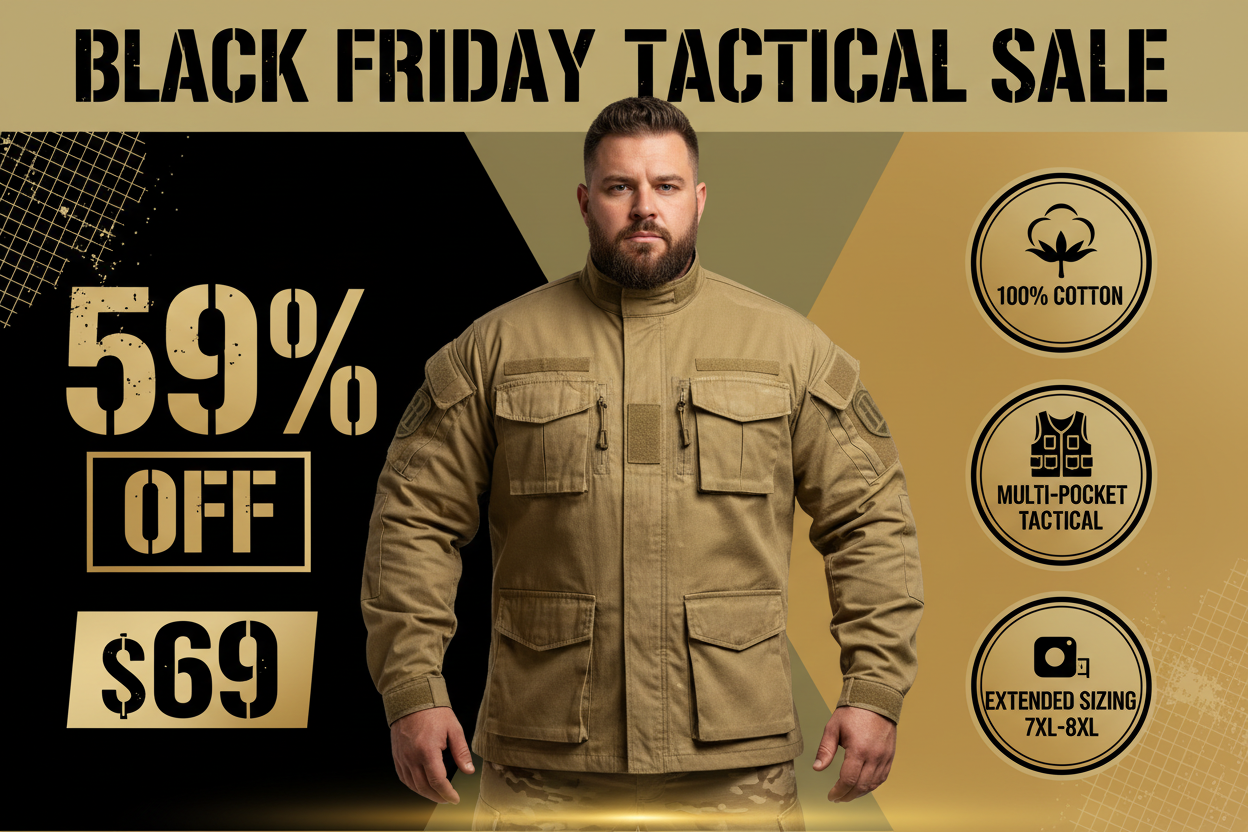 Black Friday promotional banner for plus size men's military tactical jacket
