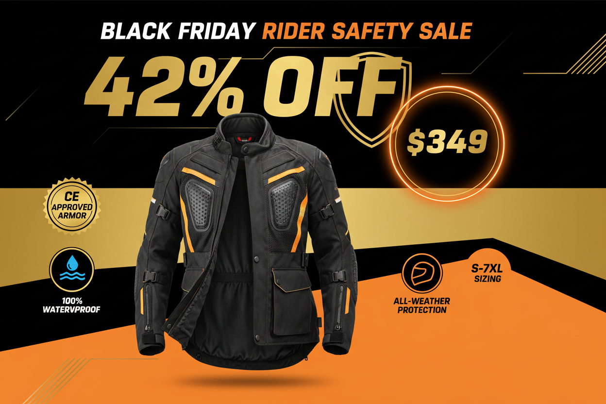 Black Friday promotional banner for waterproof motorcycle jacket with CE armor