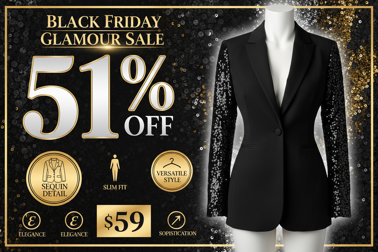 Black Friday promotional banner for women's black blazer with sequins sleeves