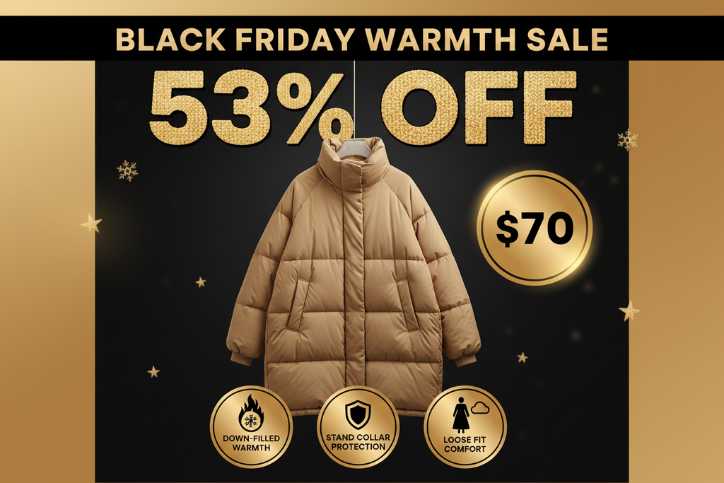 Black Friday promotional banner for women's down parka with stand collar