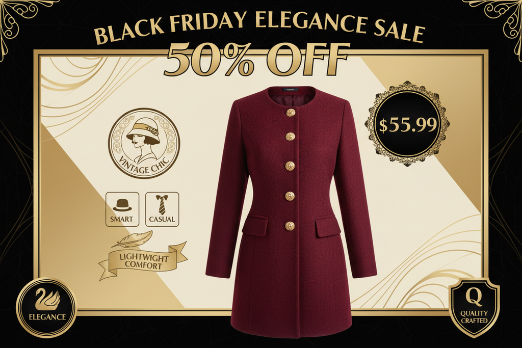 Black Friday promotional banner for women's elegant vintage button coat