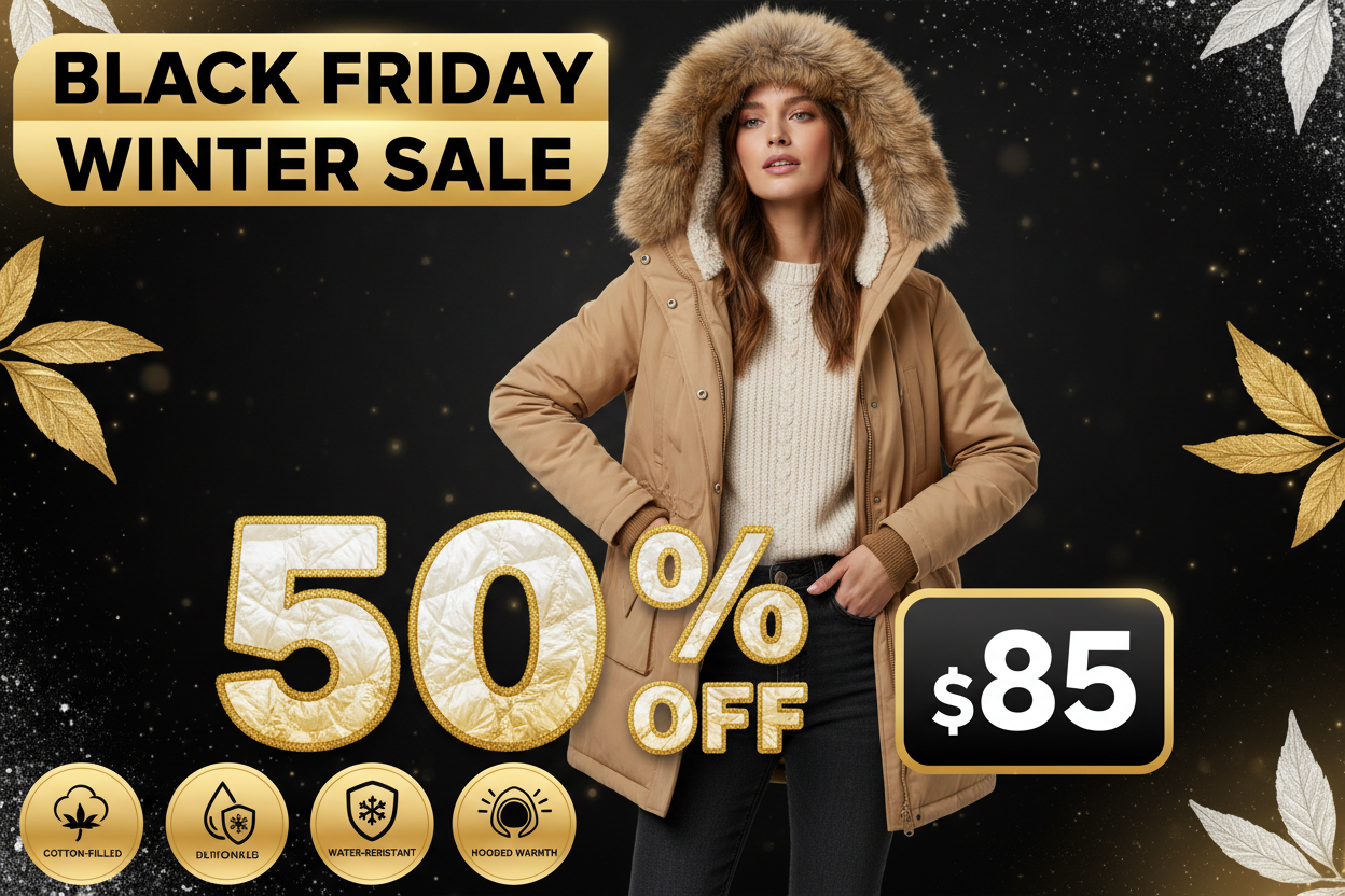 Black Friday promotional banner for women's hooded winter parka