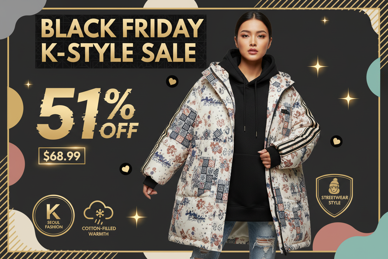 Black Friday promotional banner for women's Korean print winter parka