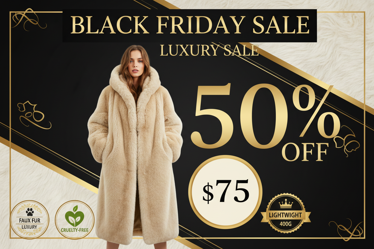 Black Friday promotional banner for women's oversized faux fur coat