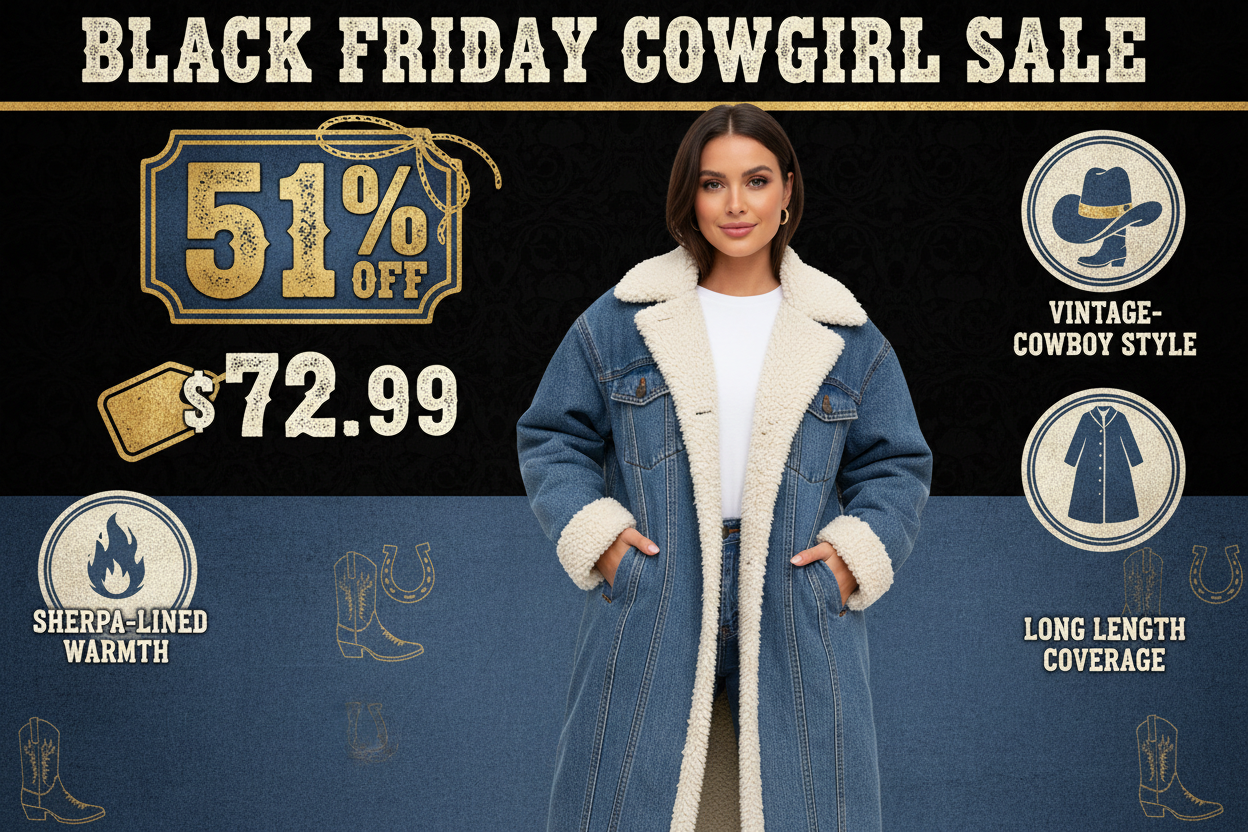 Black Friday promotional banner for women's sherpa-lined denim cowboy coat