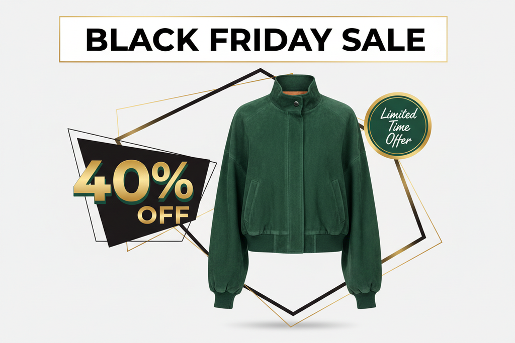 Black Friday Promotional Image for Green Suede Bomber Jacket