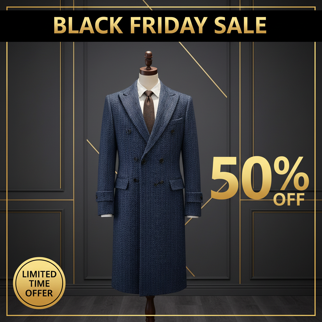 Black Friday Promotional Image for Men's Herringbone Long Coat