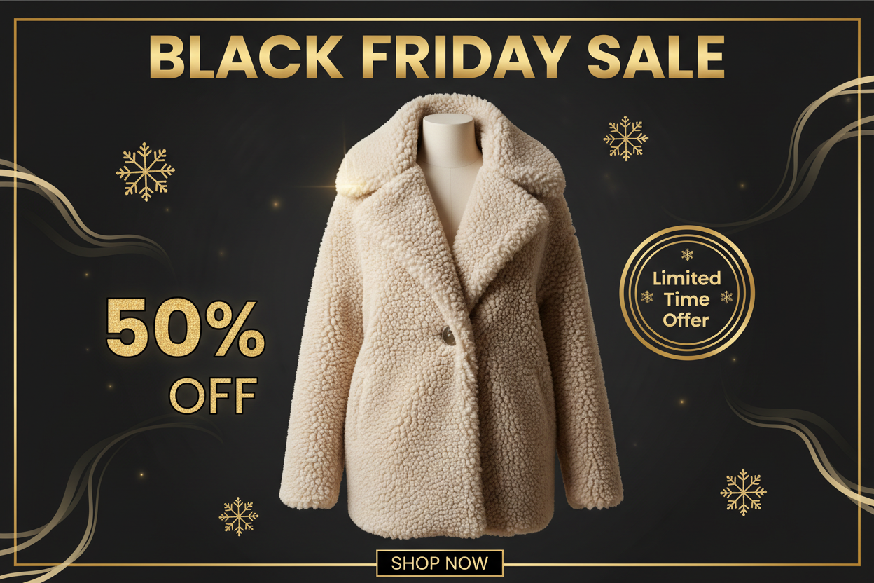 Black Friday Promotional Image for Sherpa Teddy Coat
