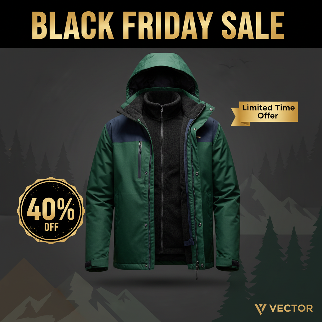 Black Friday Promotional Image for VECTOR 3-in-1 Waterproof Hiking Jacket