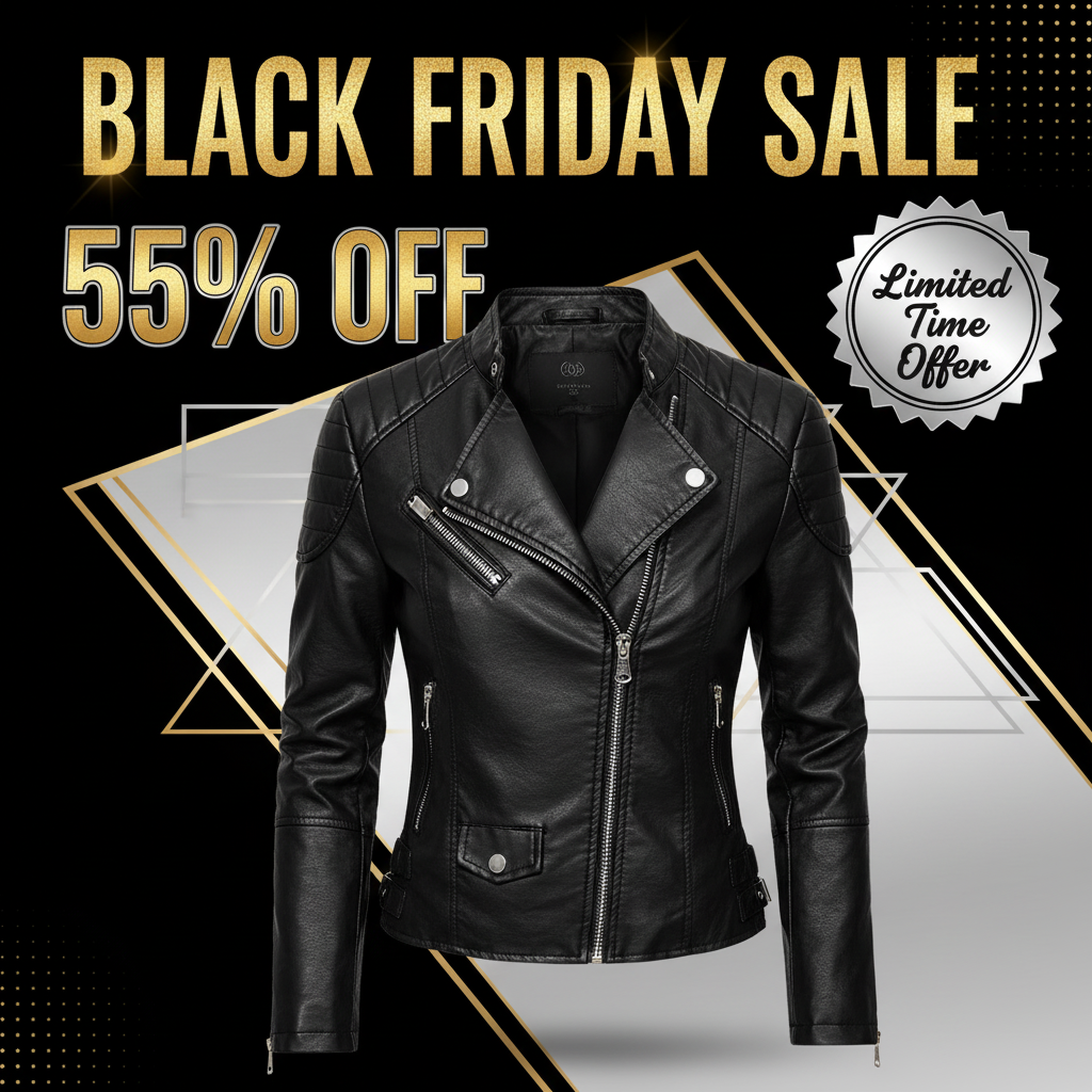 Black Friday Promotional Image for Women's Faux Leather Biker Jacket