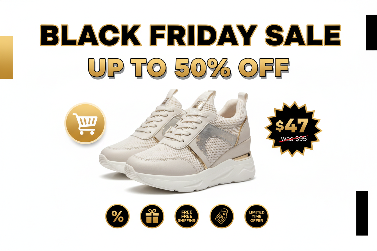 Black Friday sale banner for women's breathable wedge sneakers