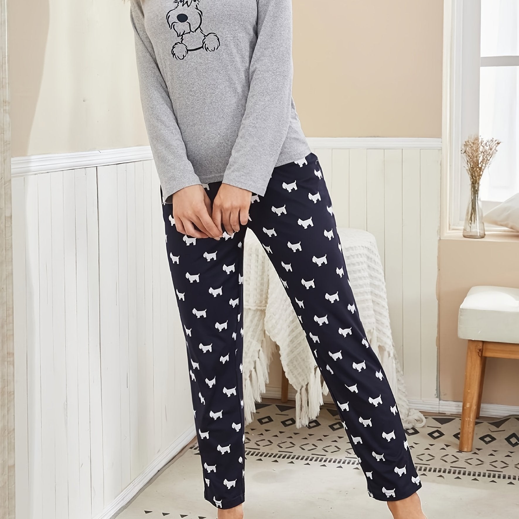 Long Sleeve Cartoon Dog Print Pajama Set, Women's Crew Neck Top & Elastic Waistband Pants Sleepwear & Loungewear Mulambo store