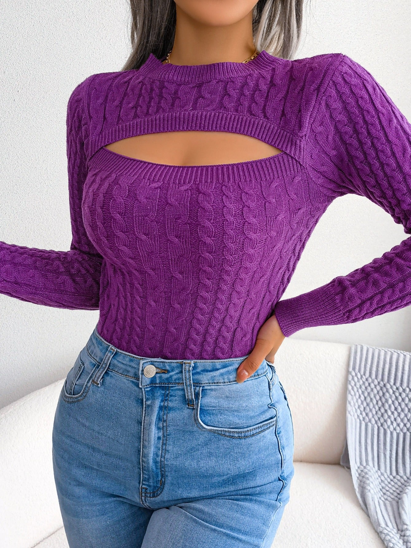 Women'S Sexy Hollow-Out Knit Pullover Sweater, Long Sleeve Crew Neck, Skinny Fit, Acrylic Blend (Polyester 28%, Polyamide 22%, Viscose 28%), High Stretch Fabric, Solid Color, Spring/Fall Fashion Top Mulambo store