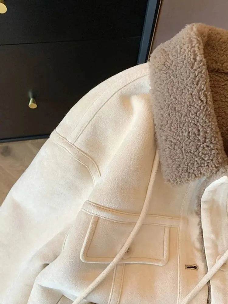 Suede Velvet Lamb Jacket Women Autumn Winter Thick Warm Turndown Collar Coat Y2K Loose Streetwear All Match Long Sleeve Outwear - Mulambo store