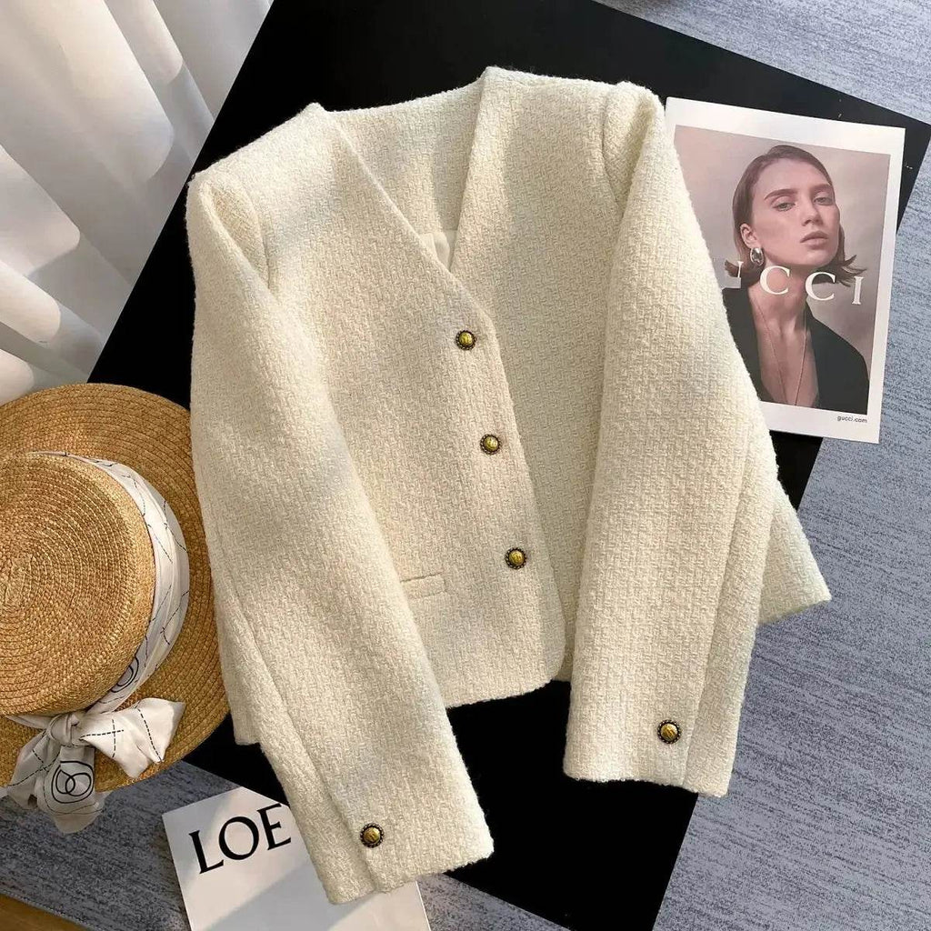 Korean Fashion Elegant Cropped Jackets Women Casual V-neck Single Breasted Outerwears Spring Fall Long Sleeve Chaquetas Blusas - Mulambo store