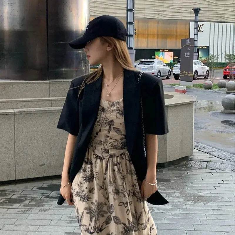 Summer Women Back Split Hem Black Blazers Notched Collar Short Sleeve Single-breasted Female Suit Jacket Casual Chaqueta Mujer - Mulambo store