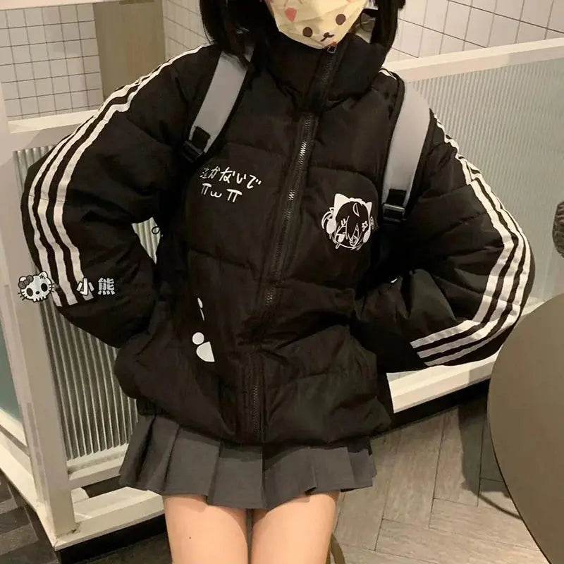 Korea Print Design Warm Cooton Coats Tops Winter New Fashion Loose Chaqueta Side Sriped Parkas Snow Wear Casual Women Casaco - Mulambo store