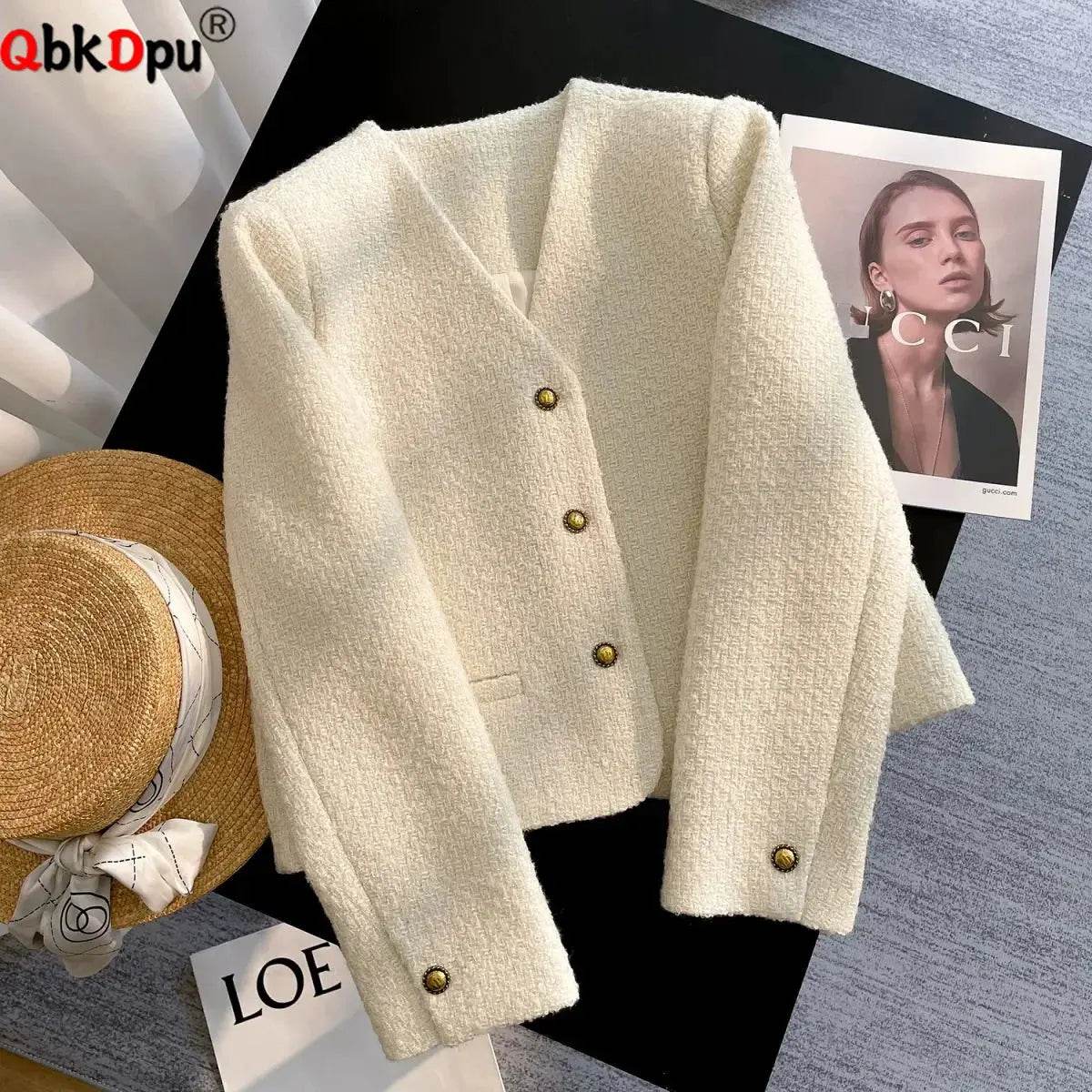 Korean Fashion Elegant Cropped Jackets Women Casual V-neck Single Breasted Outerwears Spring Fall Long Sleeve Chaquetas Blusas - Mulambo store