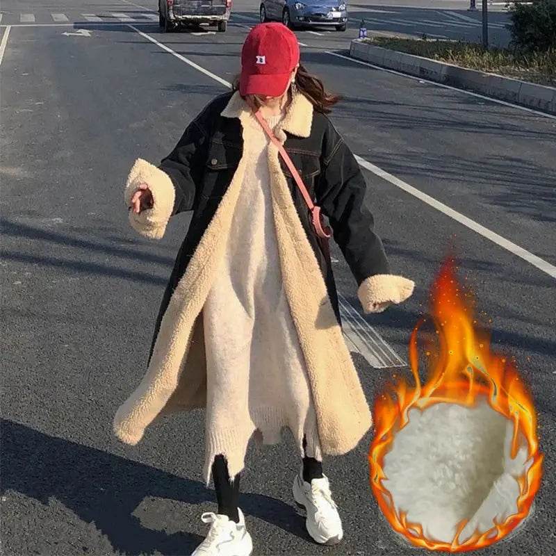 Lambwool Lined Denim Long Jackets Coats Tops Winter Warm Loose Casaco Vintage Casual Fashion Chaquetas Korea Women Cowboy Vestes - Mulambo store