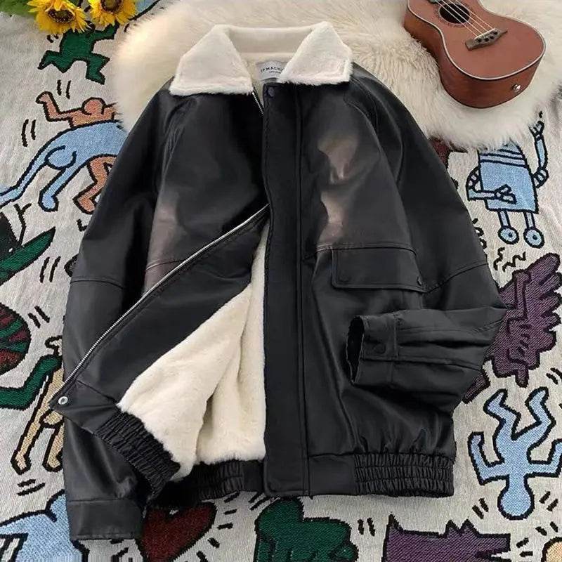 Thick Faux Lamb Pu Leather Jacket Women Y2K Streetwear Loose Lapel Motorcycle Coats Bf American Retro Warm Bomber Outwear New - Mulambo store