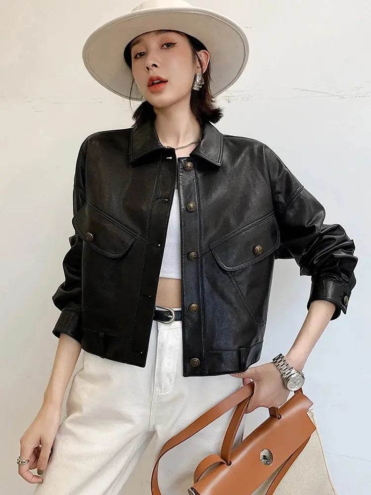 Khaki Genuine Leather Jacket Winter Coat Women Sheepskin Short Casual All-match Show Thin Locomotive Small Chaqueta Jassen Dames - Mulambo store