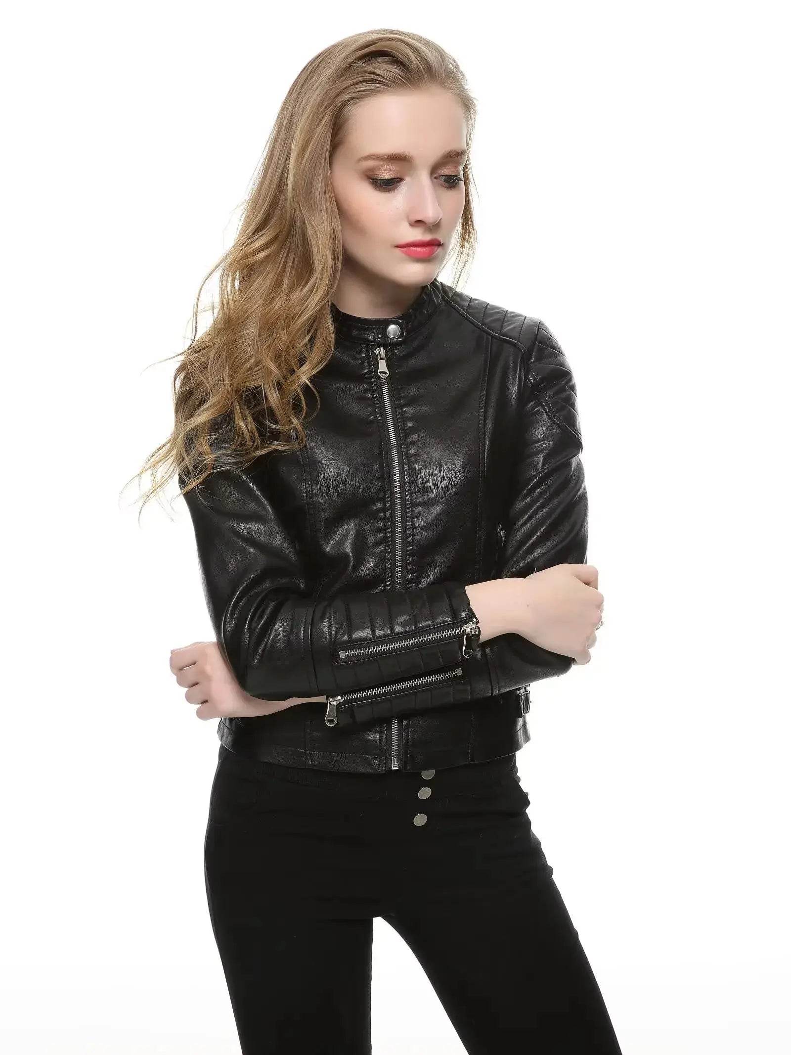 2025 Brown Black Faux Leather Jacket Women Short Slim brand Motorcycle Biker Jacket White Leather Coat Chaquetas Mujer 5 Colors - Mulambo store