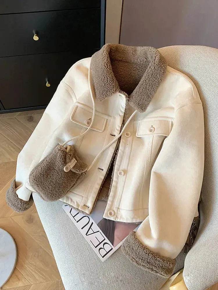 Suede Velvet Lamb Jacket Women Autumn Winter Thick Warm Turndown Collar Coat Y2K Loose Streetwear All Match Long Sleeve Outwear - Mulambo store