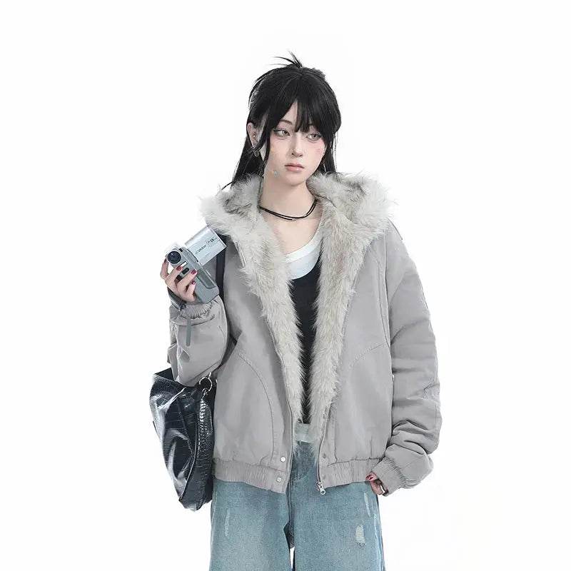 Vintage Fashion Fuax Fur Hooded Cooton Coats Winter Thiken Warm Loose Casual Chaqueta Tops Korea Snow Wear Women Jaqueta Casaco - Mulambo store