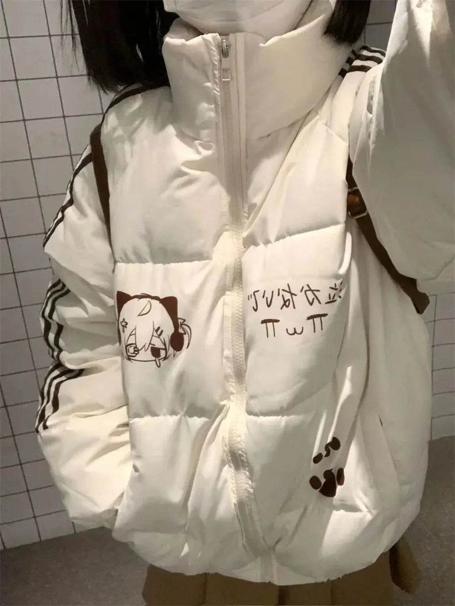 Korea Print Design Warm Cooton Coats Tops Winter New Fashion Loose Chaqueta Side Sriped Parkas Snow Wear Casual Women Casaco - Mulambo store