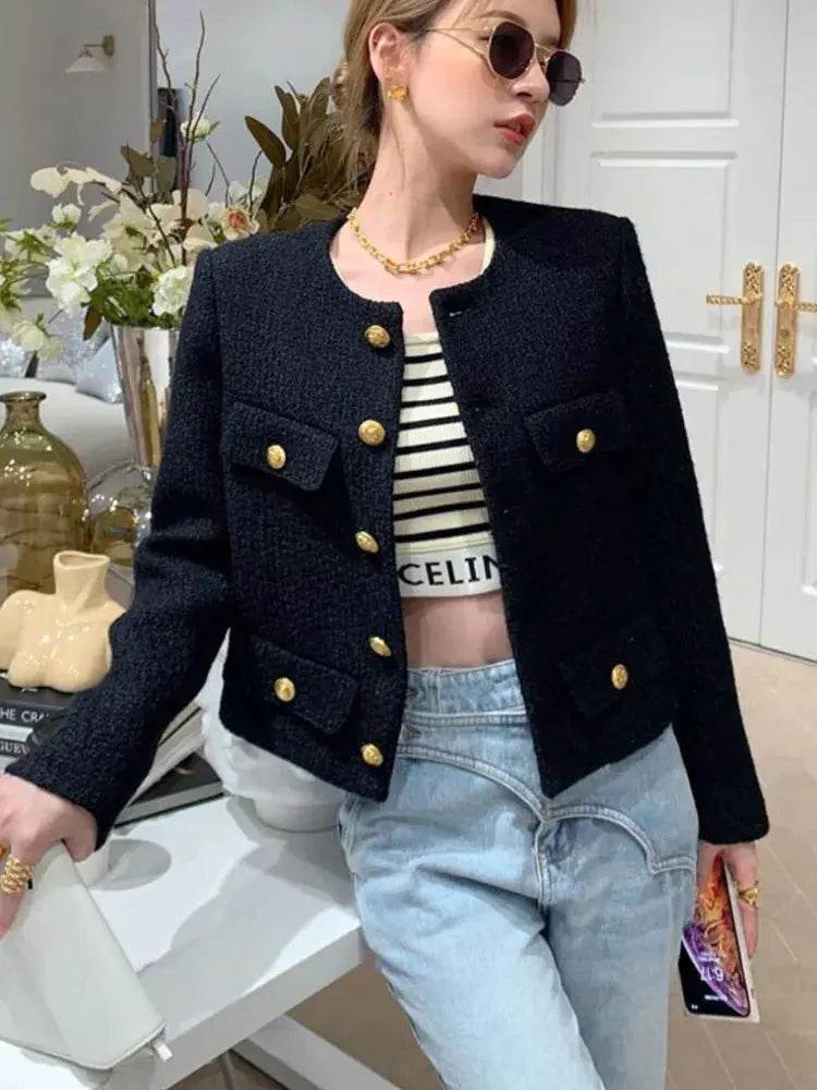 Autumn Winter Small Fragrant Tweed Jacket Coat Women Vintage Woolen Short Coats Streetwear Elegant Casual Slim Outwear Crop Top - Mulambo store