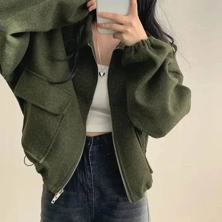 Green Suede Zipper Lapel Short Bomber Jacket Spring Fashion High Street Full Sleeve Casual Outerwear 2025 Loose Fit Cropped Coat - Mulambo store