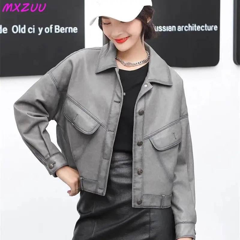 Khaki Genuine Leather Jacket Winter Coat Women Sheepskin Short Casual All-match Show Thin Locomotive Small Chaqueta Jassen Dames - Mulambo store