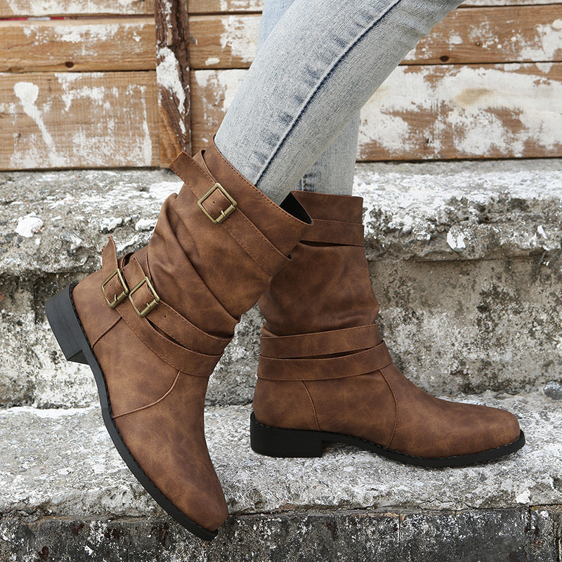 Ruched Buckle Decor Mid Calf Boots For Women, Solid Color Retro Women's Cowboy Boots, Western Short Boots Mulambo store