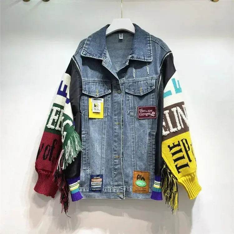 Women Letters Badges Embroidery Denim Coat Knit Spliced Sleeve Sweater Tassels Jeans Jacket Streetwear Cardigan Tops Chaquetas - Mulambo store