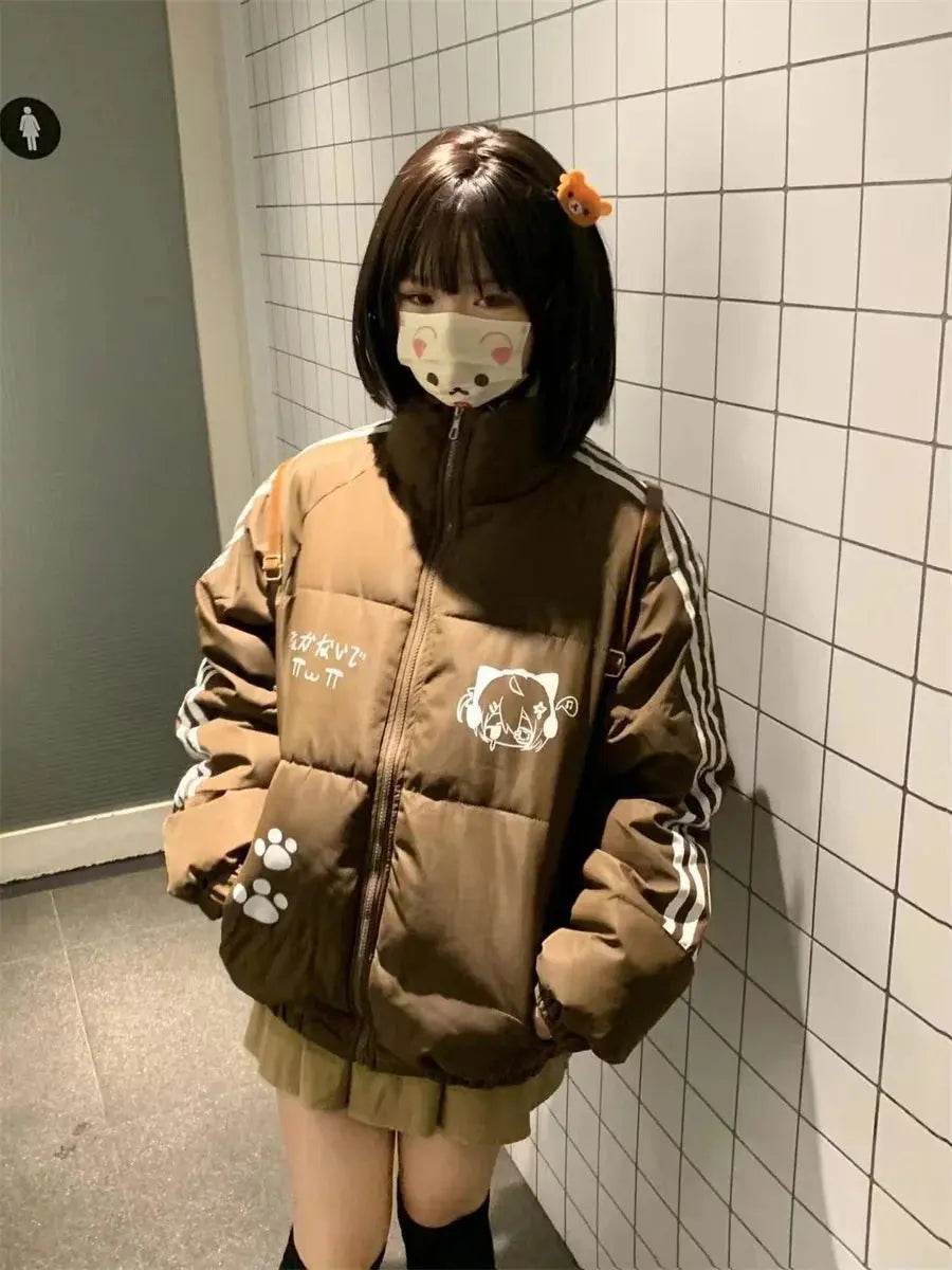 Korea Print Design Warm Cooton Coats Tops Winter New Fashion Loose Chaqueta Side Sriped Parkas Snow Wear Casual Women Casaco - Mulambo store