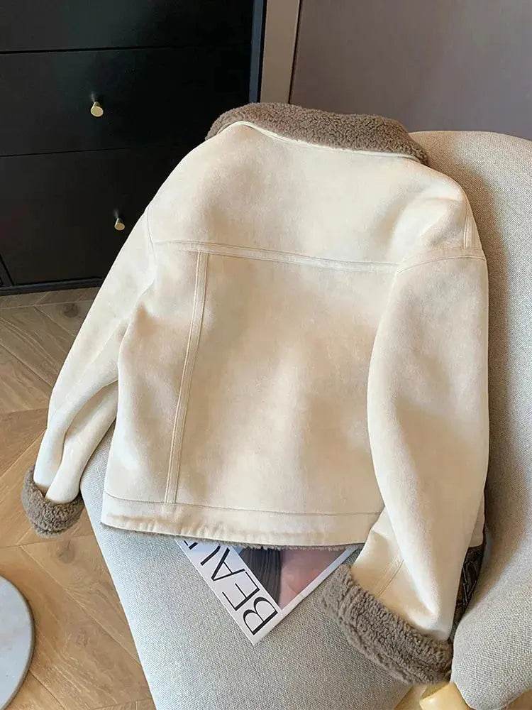 Suede Velvet Lamb Jacket Women Autumn Winter Thick Warm Turndown Collar Coat Y2K Loose Streetwear All Match Long Sleeve Outwear - Mulambo store