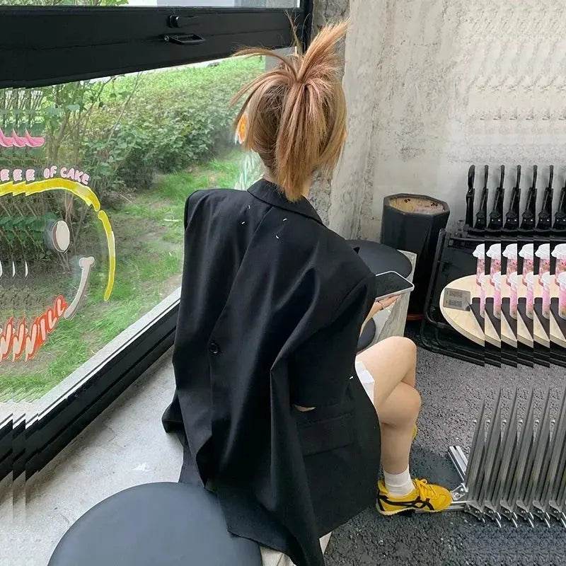 Summer Women Back Split Hem Black Blazers Notched Collar Short Sleeve Single-breasted Female Suit Jacket Casual Chaqueta Mujer - Mulambo store