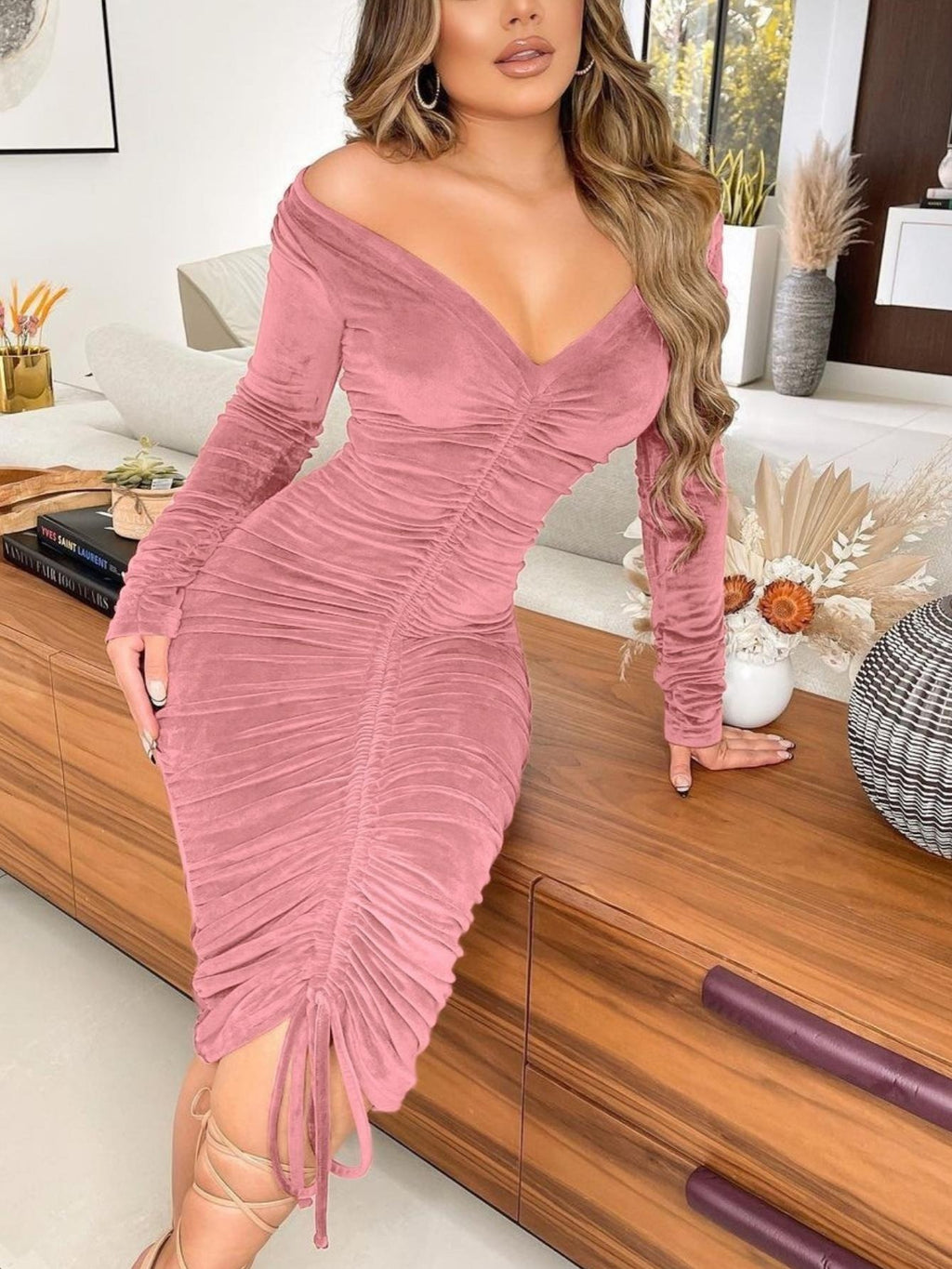 Women's Dresses V Neck Off The Shoulder Velvet Ruched Mid-length Dresses Mulambo store