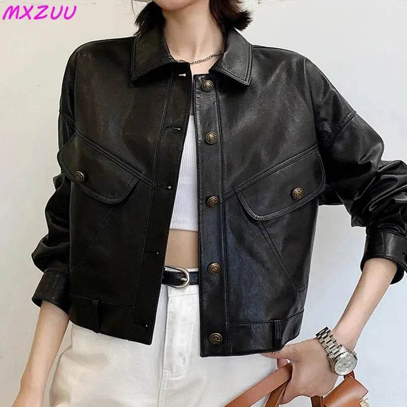 Khaki Genuine Leather Jacket Winter Coat Women Sheepskin Short Casual All-match Show Thin Locomotive Small Chaqueta Jassen Dames - Mulambo store