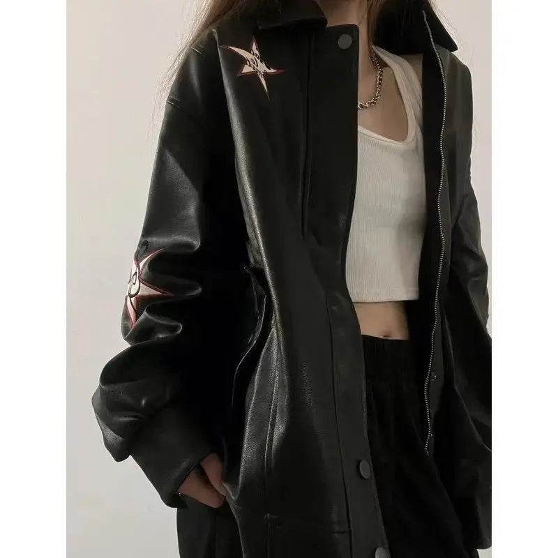 Autumn American Vintage Embroidered Leather Jacket Women Black PU Faux Fur Coat Letter Jaqueta Chaquetas Mujer - Mulambo store