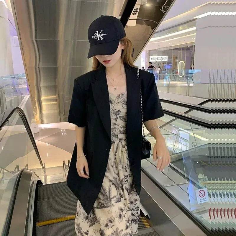 Summer Women Back Split Hem Black Blazers Notched Collar Short Sleeve Single-breasted Female Suit Jacket Casual Chaqueta Mujer - Mulambo store