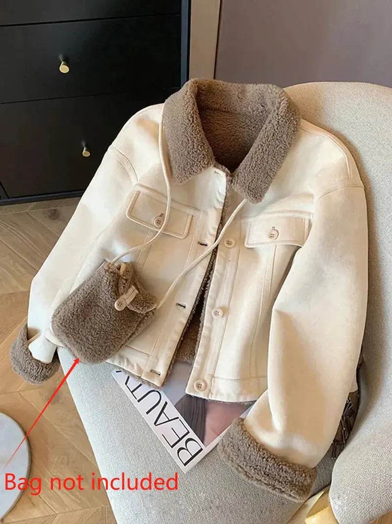 Suede Velvet Lamb Jacket Women Autumn Winter Thick Warm Turndown Collar Coat Y2K Loose Streetwear All Match Long Sleeve Outwear - Mulambo store