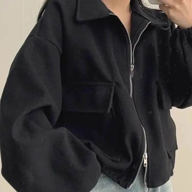 Green Suede Zipper Lapel Short Bomber Jacket Spring Fashion High Street Full Sleeve Casual Outerwear 2025 Loose Fit Cropped Coat - Mulambo store