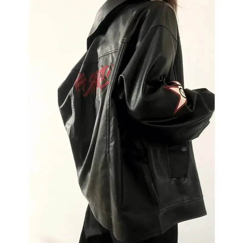Autumn American Vintage Embroidered Leather Jacket Women Black PU Faux Fur Coat Letter Jaqueta Chaquetas Mujer - Mulambo store