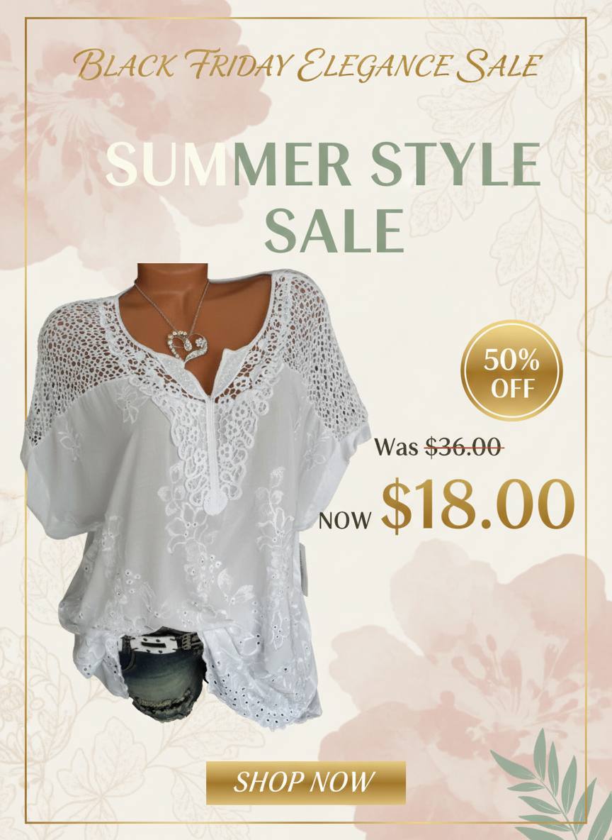 Black Friday 50% OFF - Women's Cotton Lace Blouse V-Neck Plus Size