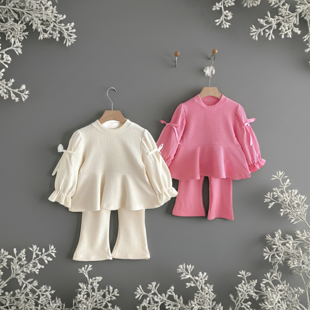 "2025 Autumn Girls Outfit Set – Cute Bow Long Sleeve Top & Flared Pants | 2PCS Cotton Casual Clothes for Kids"