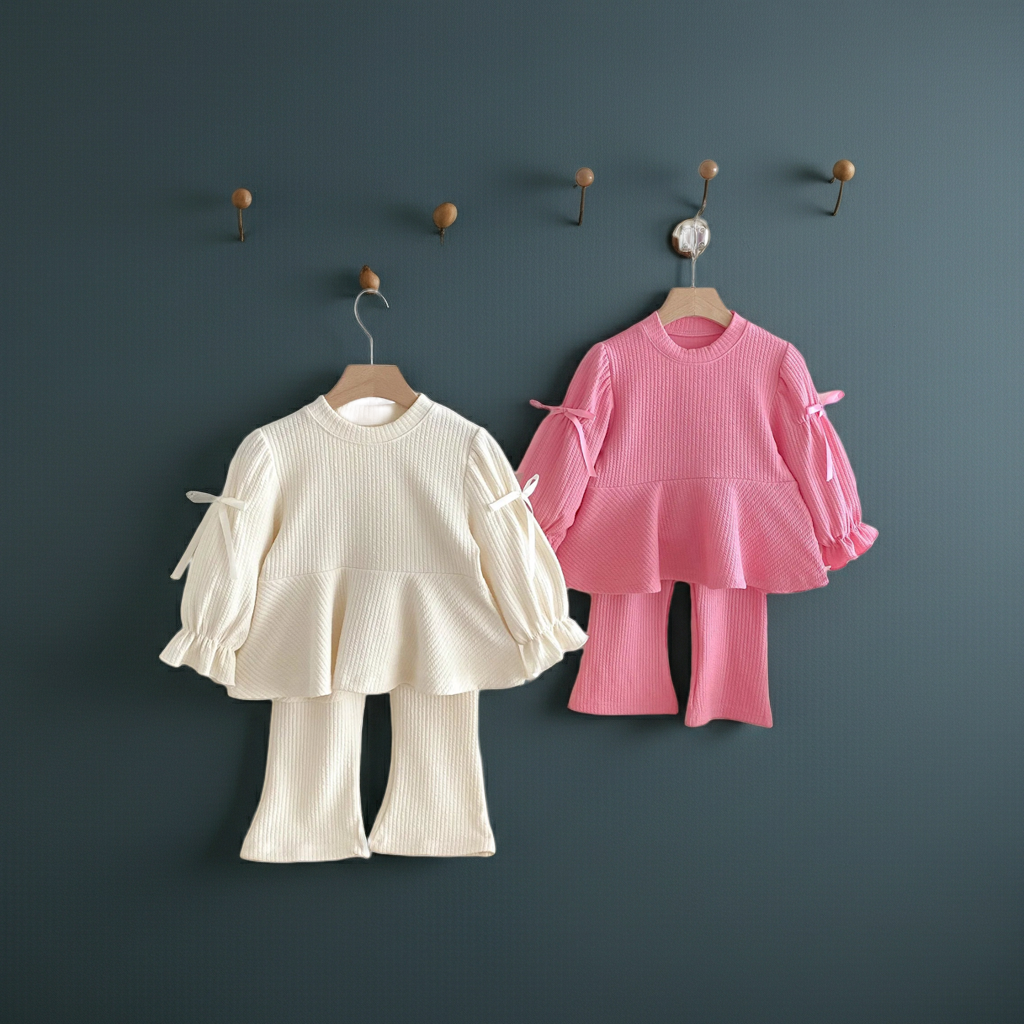 "2025 Autumn Girls Outfit Set – Cute Bow Long Sleeve Top & Flared Pants | 2PCS Cotton Casual Clothes for Kids"